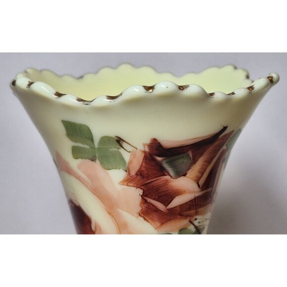 Jefferson Diamond W/ Peg Rose Decorated Custard Glass Vase Glows Art Deco - Picture 8 of 16
